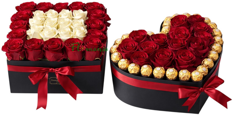 Парная композиция «Двойное признание» с розами и конфетами